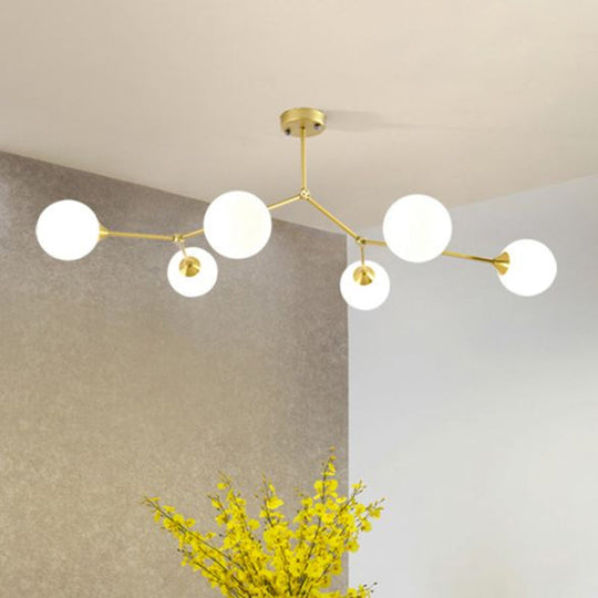 Sleek Metal Branch Chandelier - Simplicity With Semi Flush Mount Ball Milk Glass Shade 6 / Gold