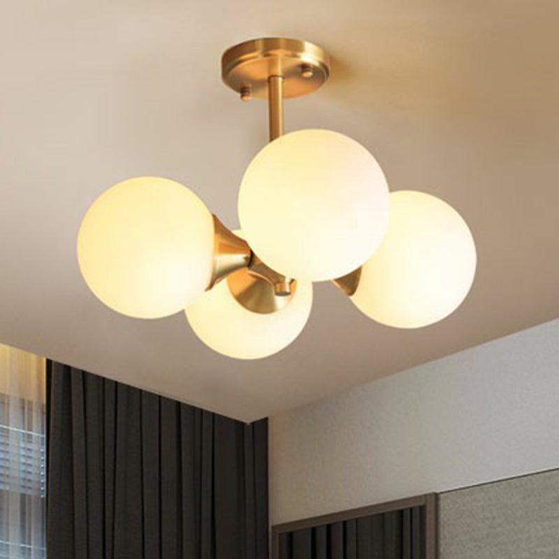 Opal Glass Semi Flush Postmodern Brass Globe Lighting For Bedroom (4 Heads)