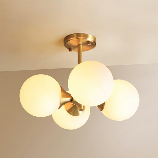 Opal Glass Semi Flush Postmodern Brass Globe Lighting For Bedroom (4 Heads)