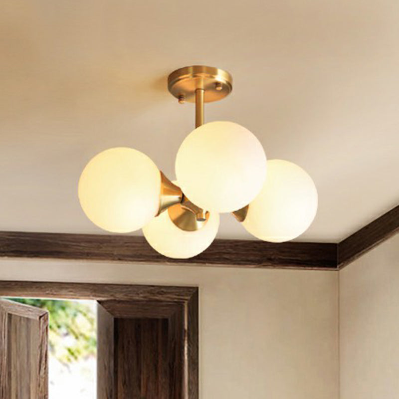 Opal Glass Semi Flush Postmodern Brass Globe Lighting For Bedroom (4 Heads)