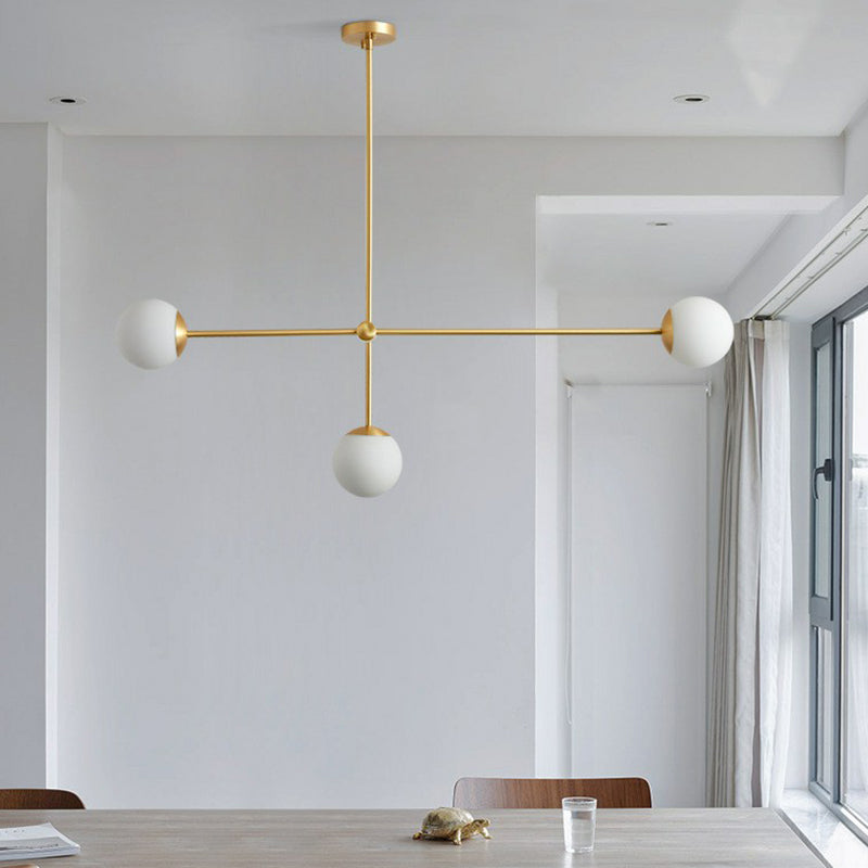 Minimalistic Brass Finish Chandelier With Ivory Glass Shade: Contemporary Metal Ceiling Light