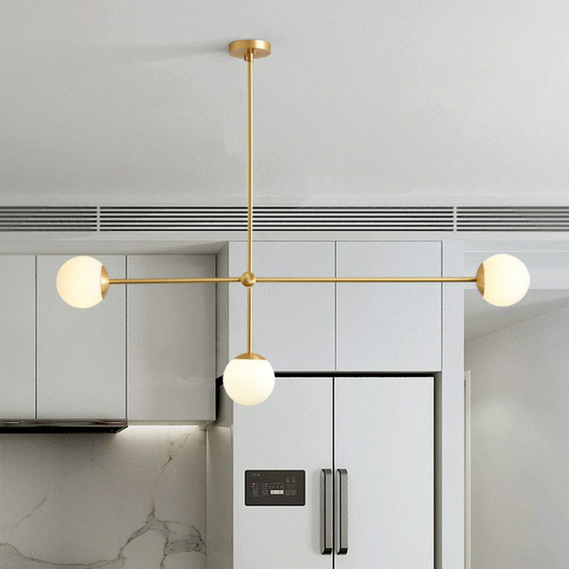 Minimalistic Brass Finish Chandelier With Ivory Glass Shade: Contemporary Metal Ceiling Light