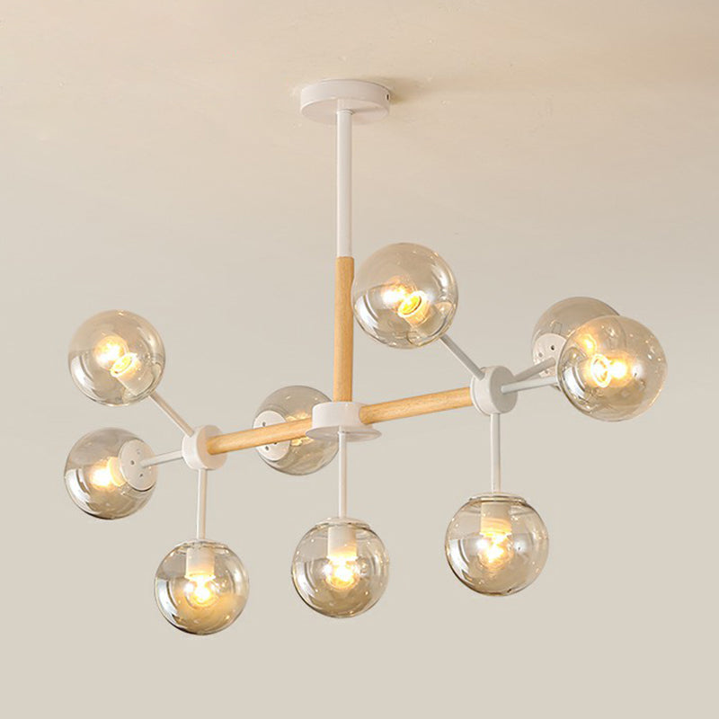 Nordic Metal Pendant Light With Glass Shade - Wood Molecule Chandelier 9 / Tan