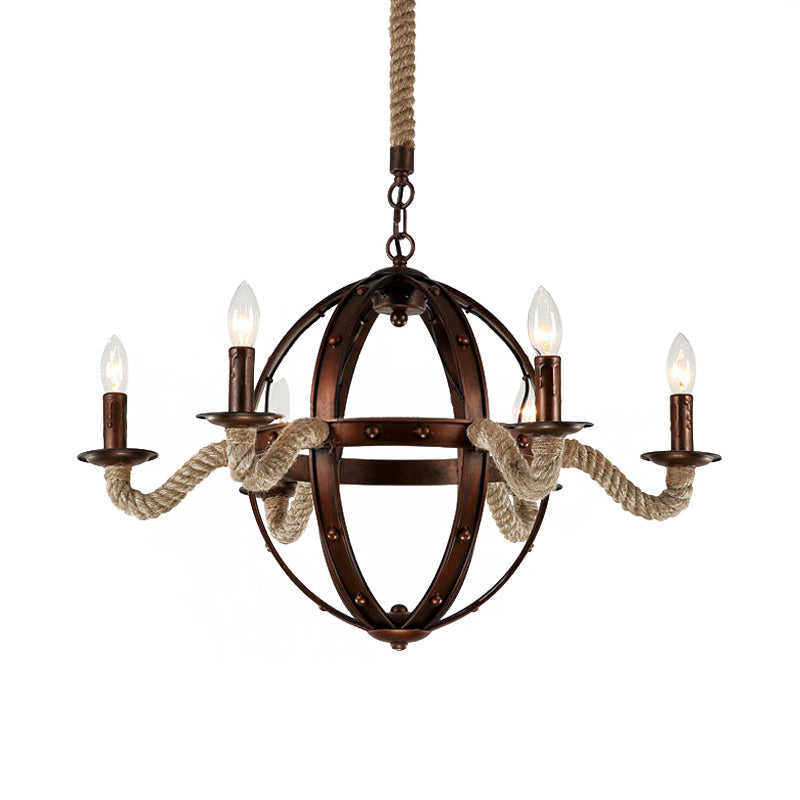 Spherical Chandelier Light Fixture with Rustic Black Finish - Antique Metal Multi-Light Farmhouse Hanging Lamp + Rope/Chain