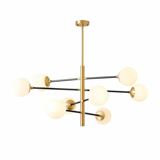 Postmodern Brass Chandelier With Tiered Hanging Pendant And Milky Glass Shade