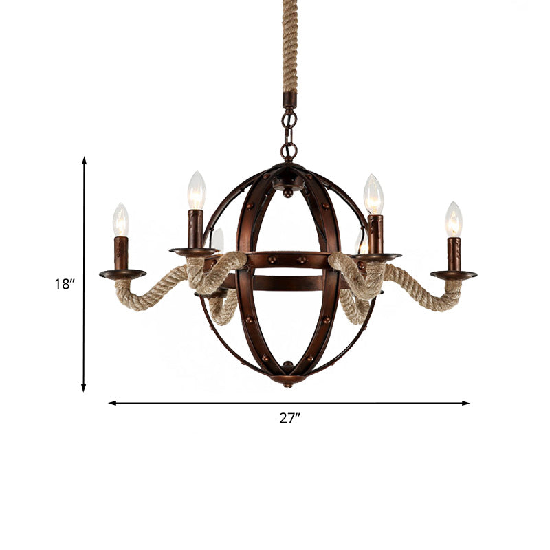 Spherical Chandelier Light Fixture with Rustic Black Finish - Antique Metal Multi-Light Farmhouse Hanging Lamp + Rope/Chain