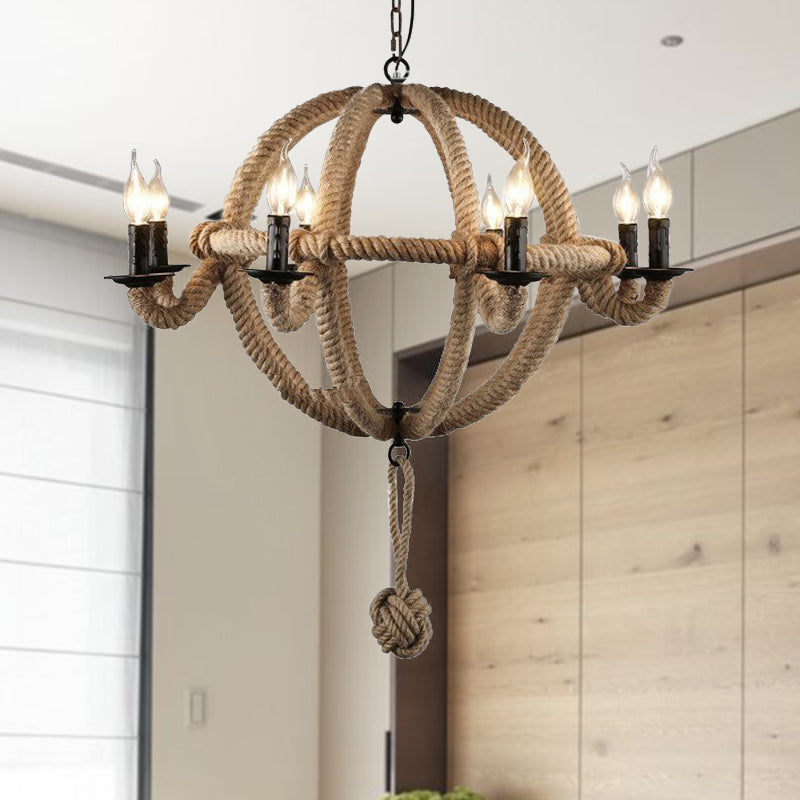 Spherical Chandelier Light Fixture with Rustic Black Finish - Antique Metal Multi-Light Farmhouse Hanging Lamp + Rope/Chain