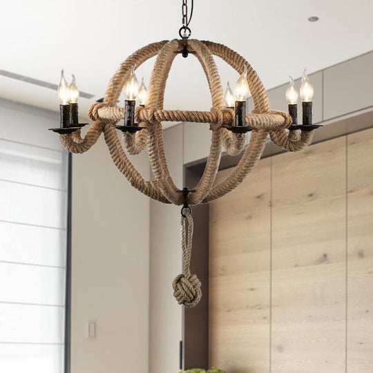 Spherical Chandelier Light Fixture with Rustic Black Finish - Antique Metal Multi-Light Farmhouse Hanging Lamp + Rope/Chain