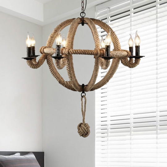 Spherical Chandelier Light Fixture with Rustic Black Finish - Antique Metal Multi-Light Farmhouse Hanging Lamp + Rope/Chain