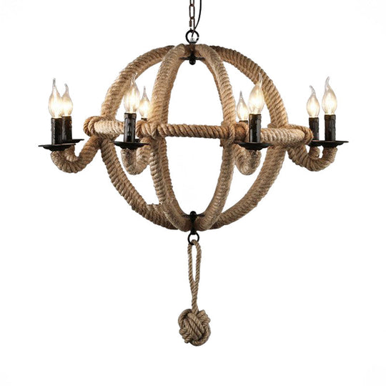 Spherical Chandelier Light Fixture with Rustic Black Finish - Antique Metal Multi-Light Farmhouse Hanging Lamp + Rope/Chain