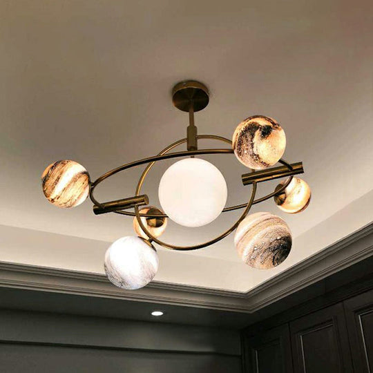 Nordic Planet Chandelier - White-Stained Glass Hanging Light Fixture In Brass Ideal For Restaurants