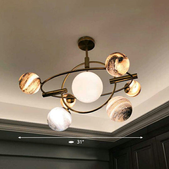 Nordic Planet Chandelier - White-Stained Glass Hanging Light Fixture In Brass Ideal For Restaurants