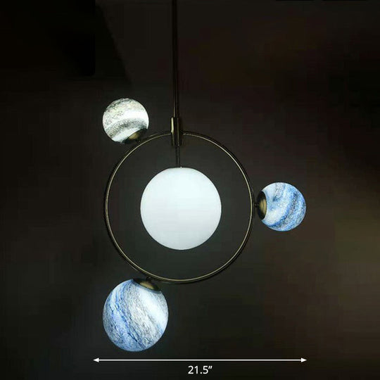 Nordic Planet Chandelier - White-Stained Glass Hanging Light Fixture In Brass Ideal For Restaurants