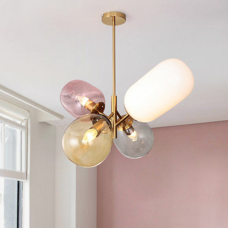 Postmodern Brass Balloon Pendant Chandelier With Multicolored Glass Shades - 4-Light Ceiling Lamp