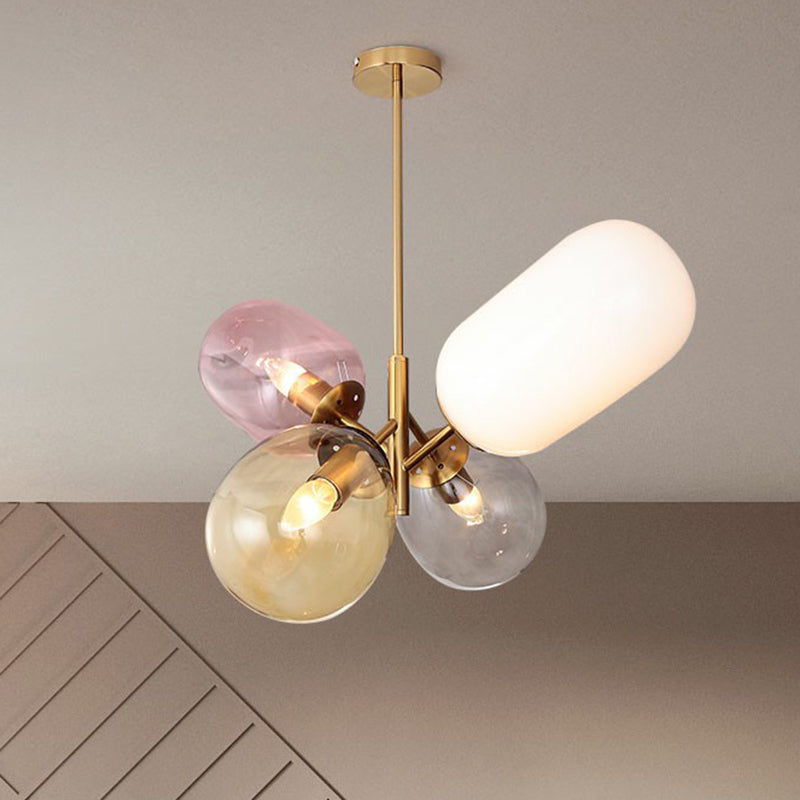 Postmodern Brass Balloon Pendant Chandelier With Multicolored Glass Shades - 4-Light Ceiling Lamp