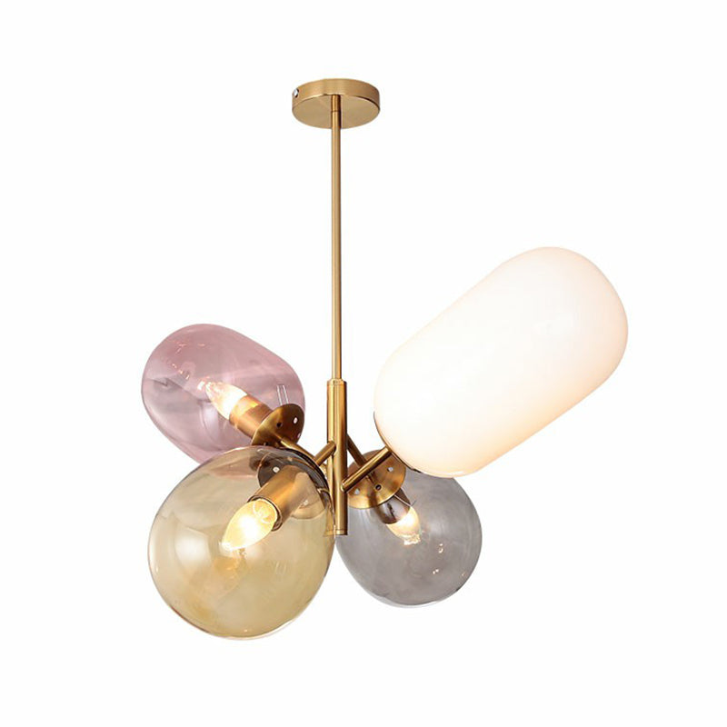 Postmodern Brass Balloon Pendant Chandelier With Multicolored Glass Shades - 4-Light Ceiling Lamp