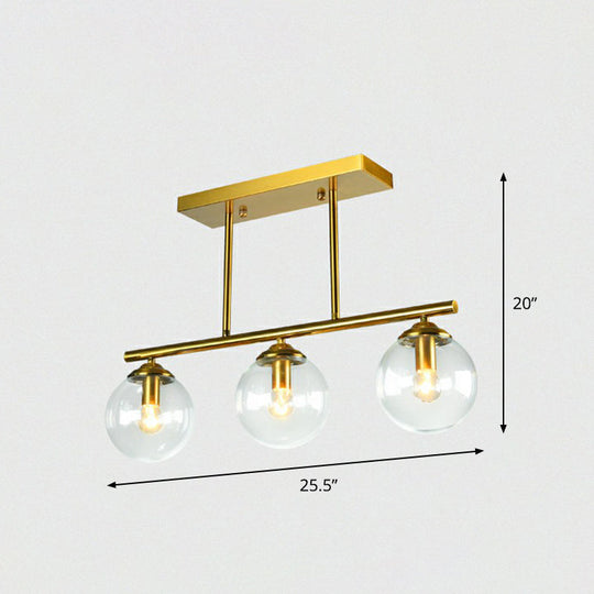 Postmodern Brass Island Light With Globe Glass Shade: Stylish Metal Ceiling Fixture