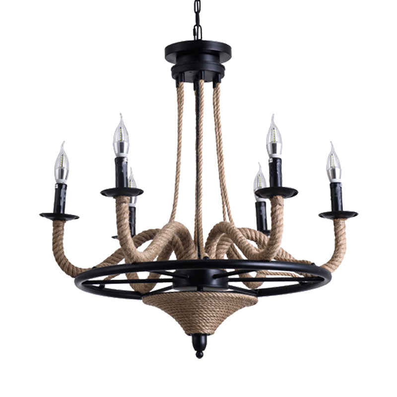 Vintage Wagon Wheel 6 Bulb Chandelier Pendant Light with Rope Detail - Black Metal Hanging Lamp