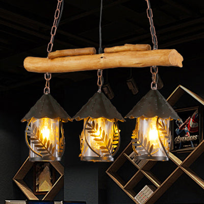 Rustic 3-Head Pendant Lamp With Leaf Design And Wooden Beam - Lantern Island Lighting Black / Glass