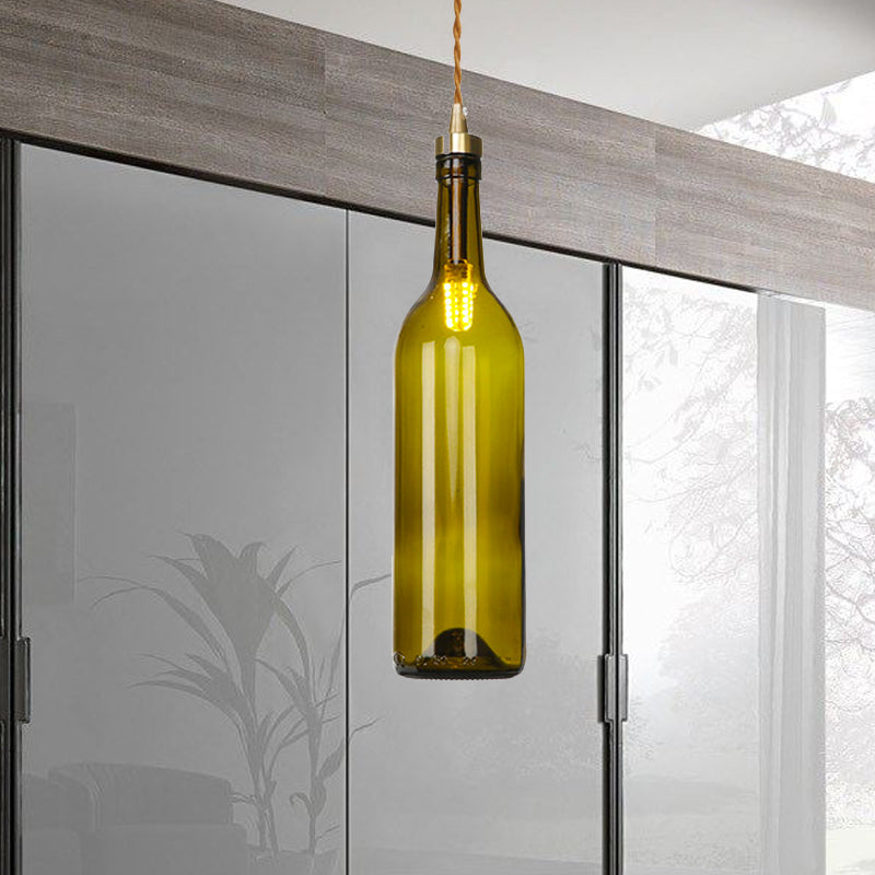 Smoke Grey/Green Industrial Wine Bottle Hanging Lamp - Adjustable Cord Pendant Light