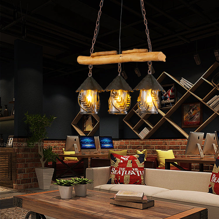 Rustic 3-Head Pendant Lamp With Leaf Design And Wooden Beam - Lantern Island Lighting