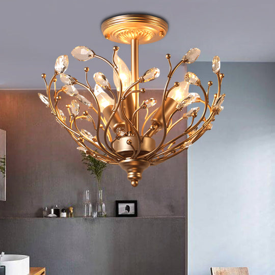 Contemporary 3-Light Gold Metal Branch Semi Flush Mount with Crystal Leaf