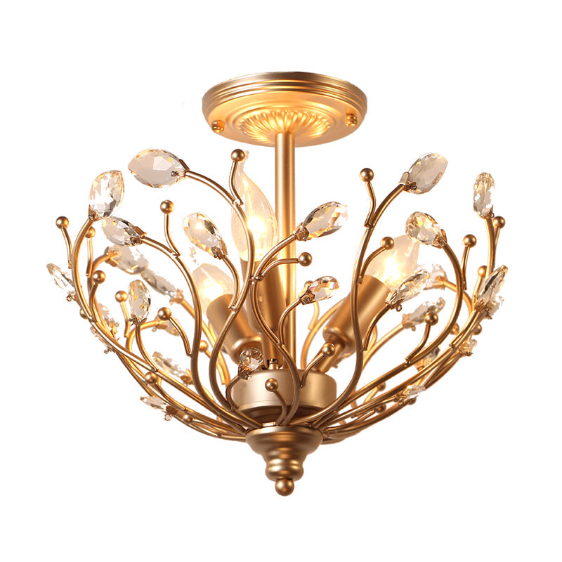 Contemporary 3-Light Gold Metal Branch Semi Flush Mount with Crystal Leaf