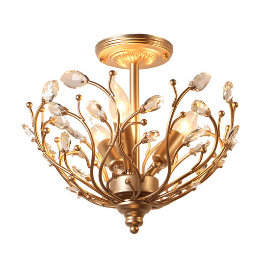 Contemporary 3-Light Gold Metal Branch Semi Flush Mount With Crystal Leaf