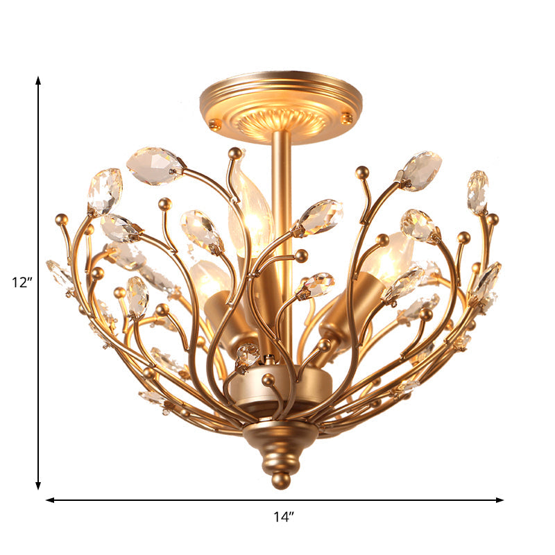 Contemporary 3-Light Gold Metal Branch Semi Flush Mount with Crystal Leaf