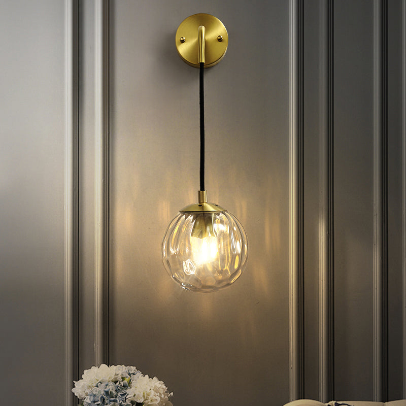 Minimalist Clear Ripple Glass Ball Wall Light: Brass Sconce Fixture For Dining Room