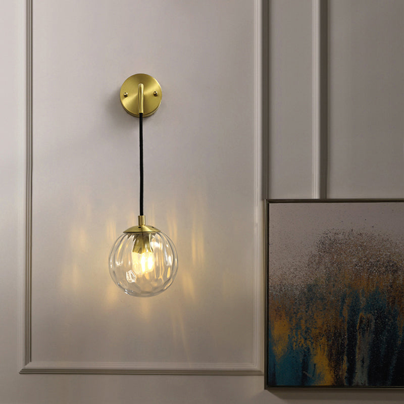 Minimalist Clear Ripple Glass Ball Wall Light: Brass Sconce Fixture For Dining Room