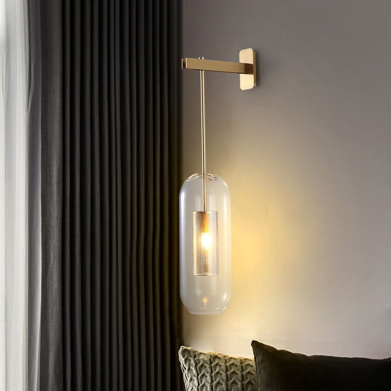 Modern Glass Wall Lamp With Brass Sconce And Mesh Guard