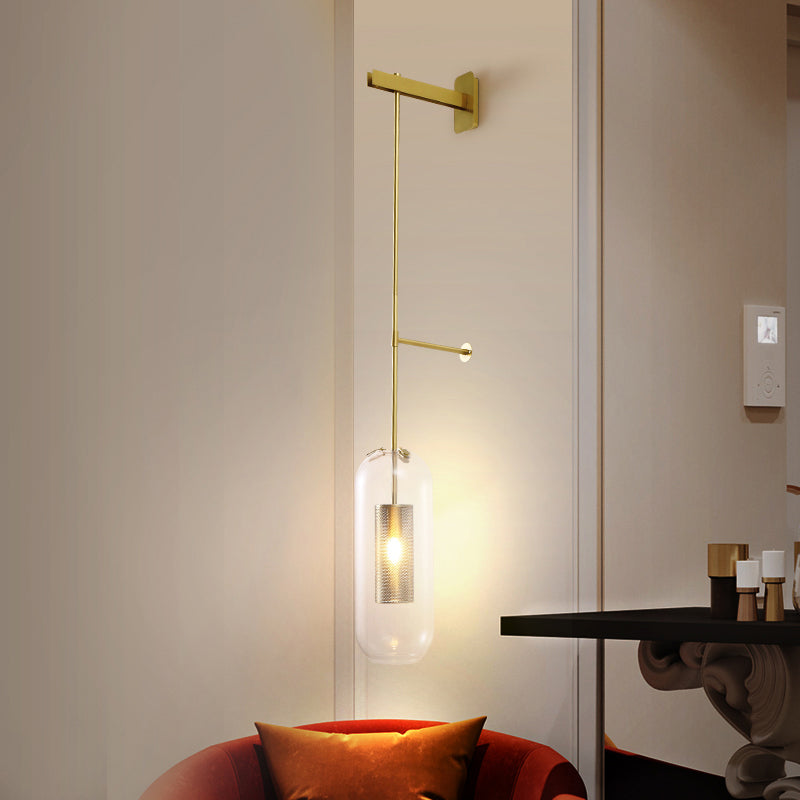 Modern Glass Wall Lamp With Brass Sconce And Mesh Guard