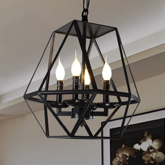 Black Industrial Metal Ceiling Light Fixture with Adjustable Chain - Retro Geometric Cage Chandelier Lamp