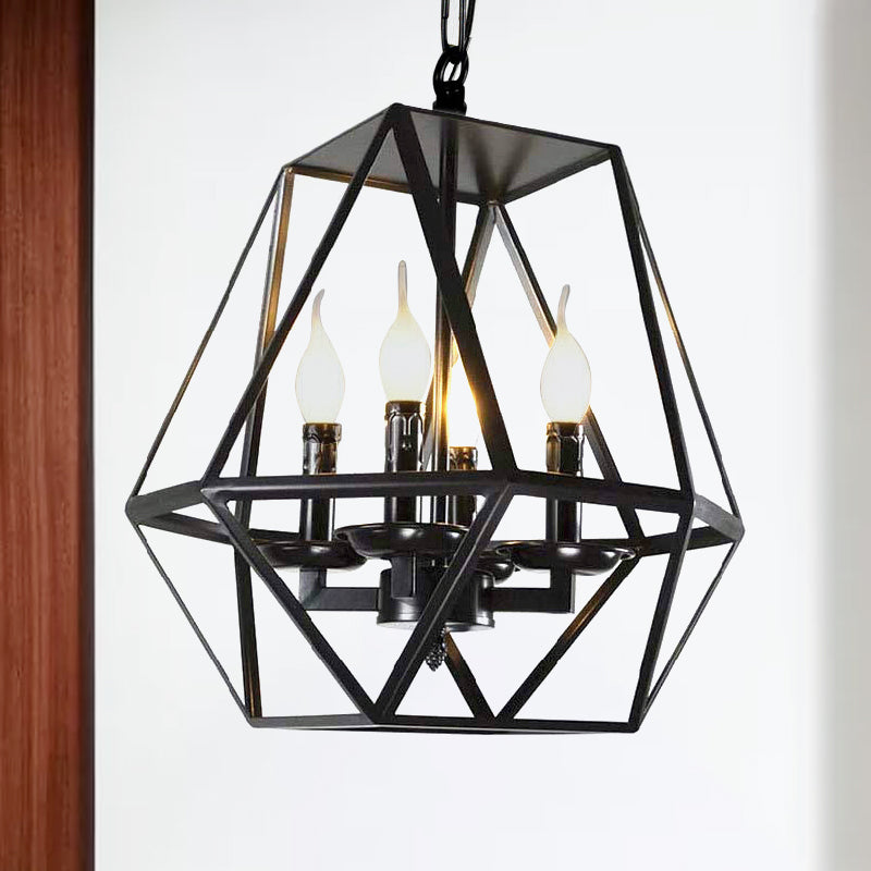 Black Retro Industrial Geometric Cage Chandelier With Adjustable Chain - 4 Heads Ceiling Light