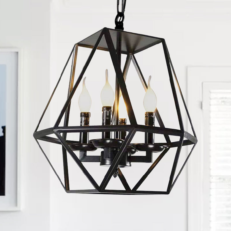 Black Retro Industrial Geometric Cage Chandelier With Adjustable Chain - 4 Heads Ceiling Light