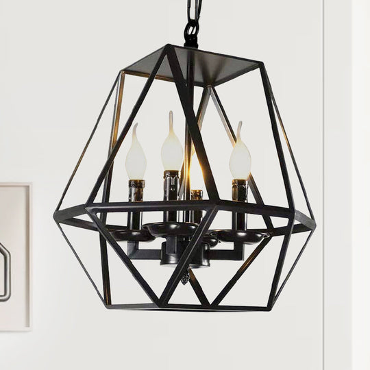 Black Retro Industrial Geometric Cage Chandelier With Adjustable Chain - 4 Heads Ceiling Light