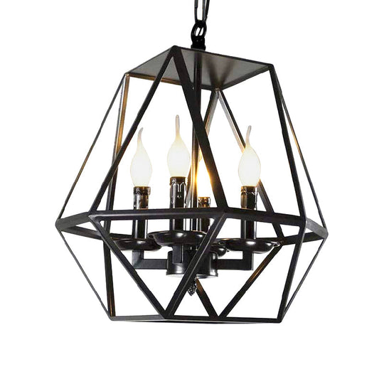 Black Industrial Metal Ceiling Light Fixture with Adjustable Chain - Retro Geometric Cage Chandelier Lamp