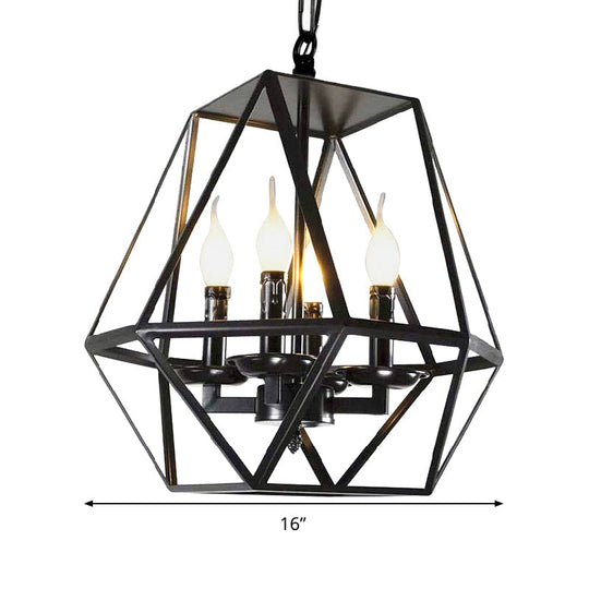 Black Industrial Metal Ceiling Light Fixture with Adjustable Chain - Retro Geometric Cage Chandelier Lamp