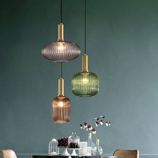 Ribbed Glass Hanging Light: Modern Bottle Shape 1-Bulb Pendant For Dining Room