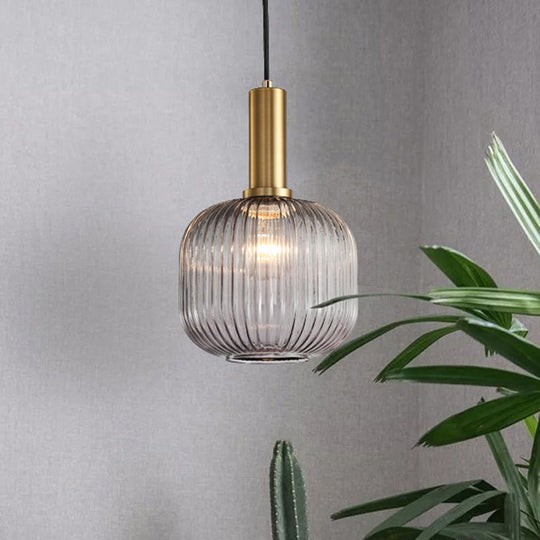 Ribbed Glass Hanging Light: Modern Bottle Shape 1-Bulb Pendant For Dining Room Smoke Gray / 8