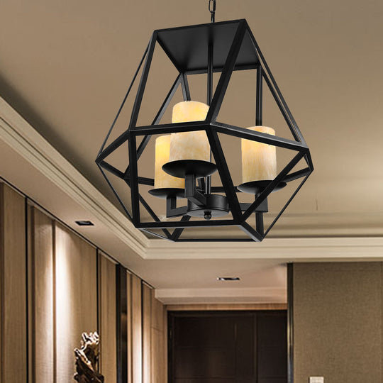 Geometric Cage Chandelier Lamp - Industrial Style 3-Head Metallic Ceiling Fixture With Glass Shade