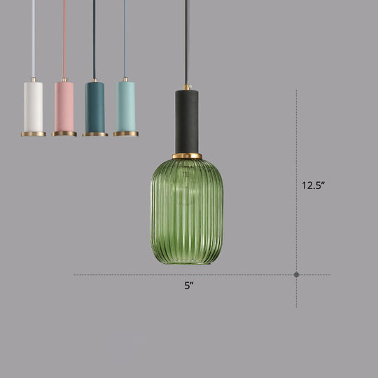 Ribbed Glass Hanging Light: Modern Bottle Shape 1-Bulb Pendant For Dining Room Green-Black / 5