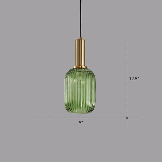 Ribbed Glass Hanging Light: Modern Bottle Shape 1-Bulb Pendant For Dining Room Blackish Green / 5