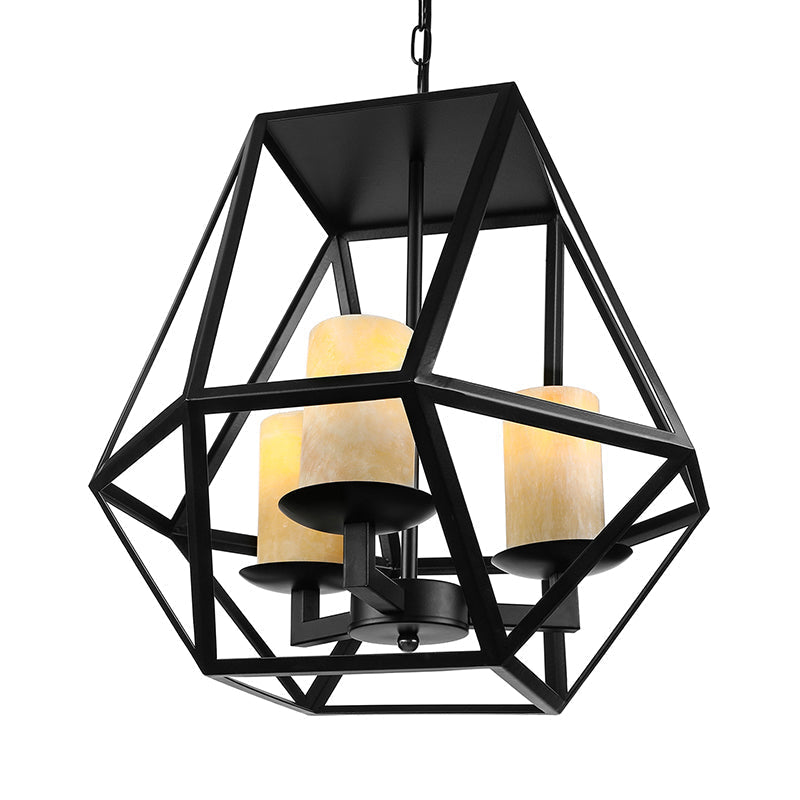 Geometric Cage Chandelier Lamp - Industrial Style 3-Head Metallic Ceiling Fixture With Glass Shade