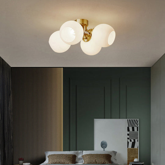 Sleek Brass Domed Semi Flush Mount Ceiling Lamp with Cream Glass - Stylish Bedroom Lighting