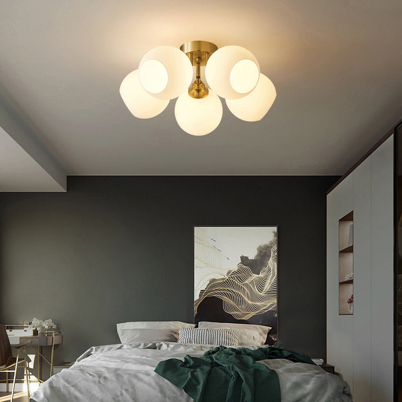 Sleek Brass Domed Semi Flush Mount Ceiling Lamp with Cream Glass - Stylish Bedroom Lighting