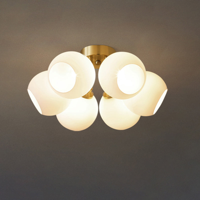 Sleek Brass Domed Semi Flush Mount Ceiling Lamp with Cream Glass - Stylish Bedroom Lighting