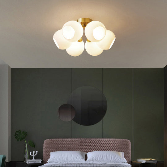 Sleek Brass Domed Semi Flush Mount Ceiling Lamp with Cream Glass - Stylish Bedroom Lighting