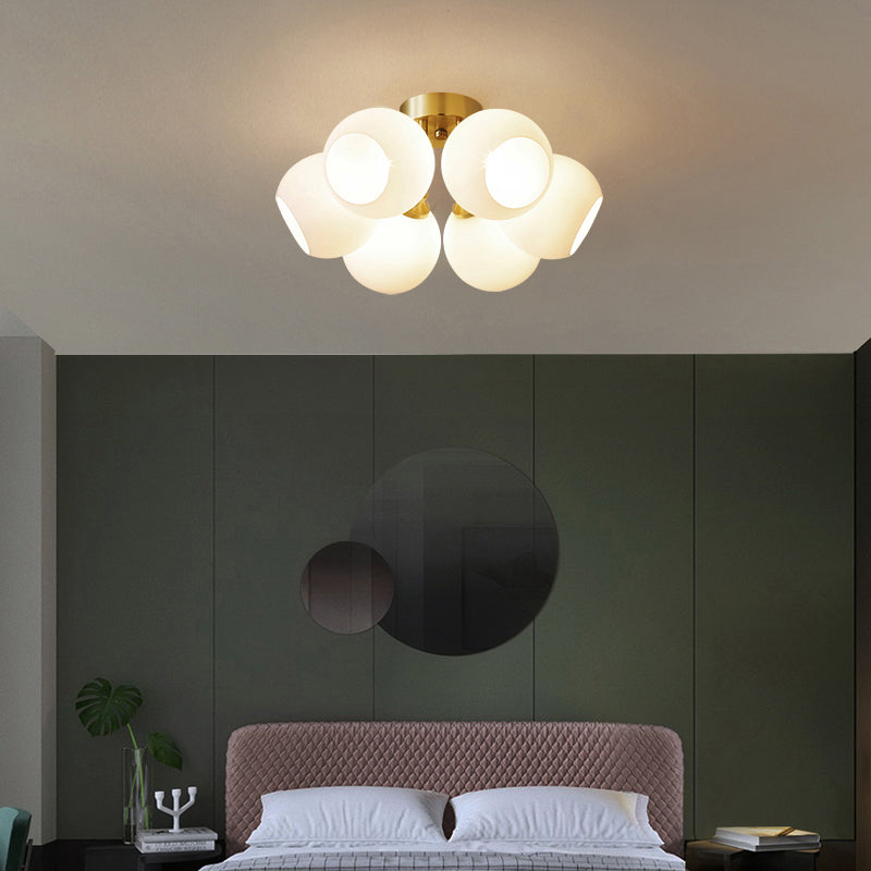 Sleek Brass Domed Semi Flush Mount Ceiling Lamp With Cream Glass - Stylish Bedroom Lighting